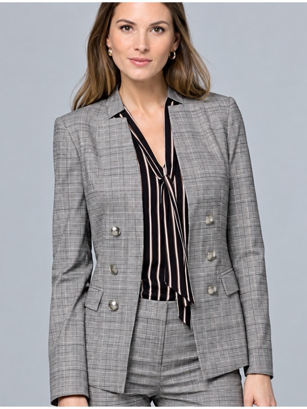 White House Black Market Women’s 12 Petite Black Glen Plaid Blazer Button Front